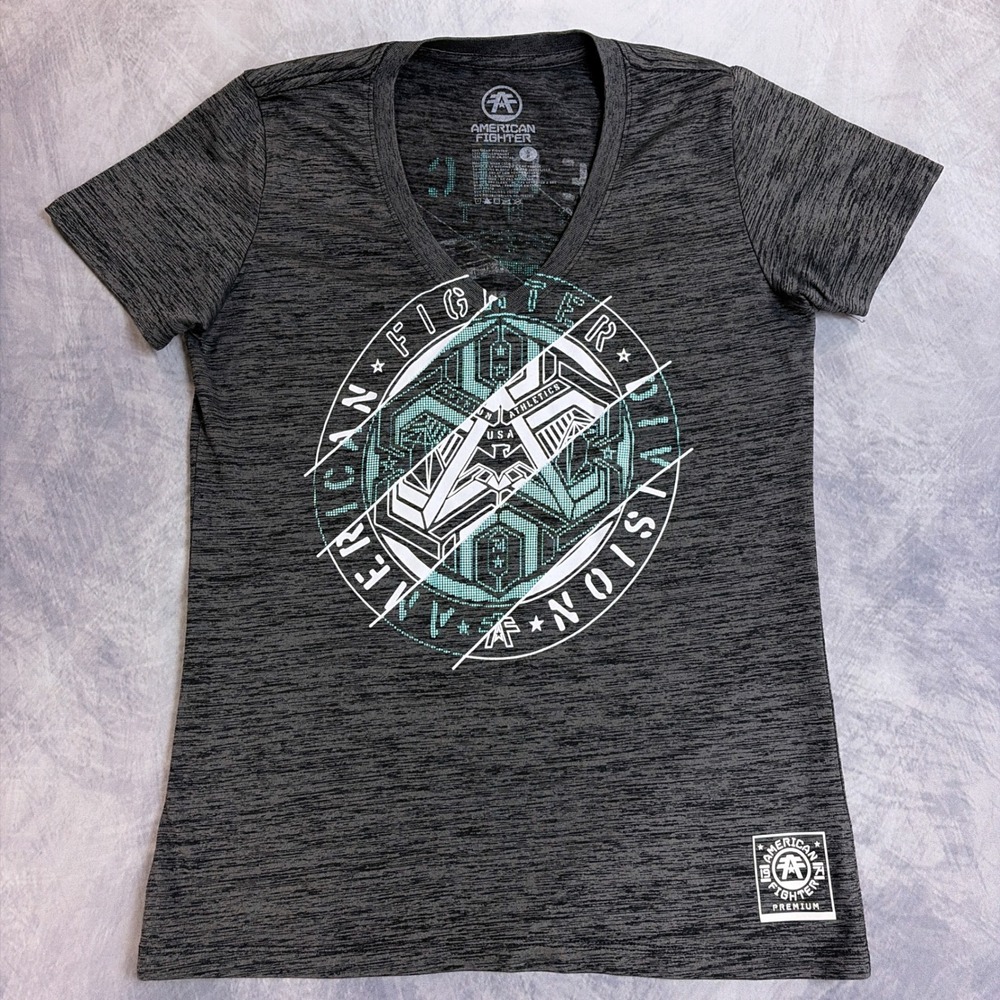 American Fighter Womens Gray Space Dye Graphic V-Neck T-Shirt S Athletic Teal